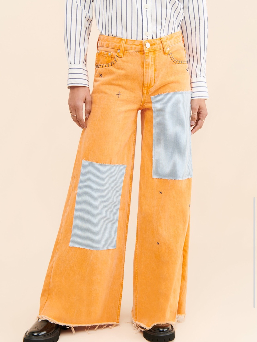 Riley Railroad Vintage Patchwork Orange Jeans Wide Leg Denim Sz 32 Distressed